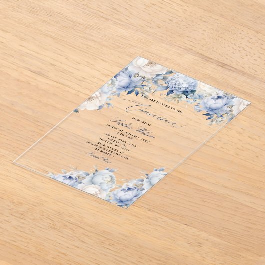Budget Modern Dusty Blue Floral Quinceañera Acryl Uitnodigingen (Laagn)