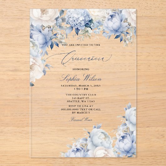 Budget Modern Dusty Blue Floral Quinceañera Acryl Uitnodigingen (Voorkant)