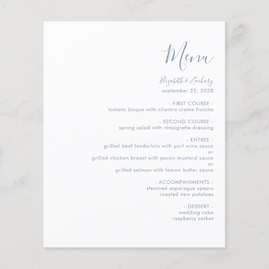 Budget Modern Dusty Blue Script Wedding Menu (Voorkant)