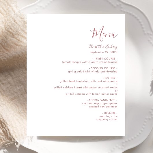 Budget Modern Dusty Roos Script Wedding Menu