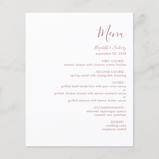 Budget Modern Dusty Roos Script Wedding Menu (Voorkant)