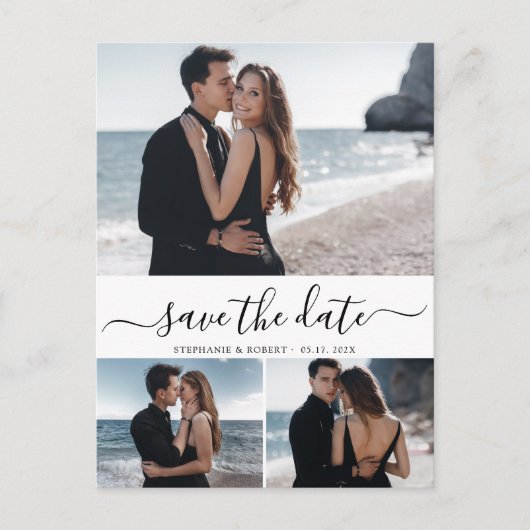 Budget Modern Elegan 3 Fotocollage De datum opslaa Aankondigingskaart (Voorkant)