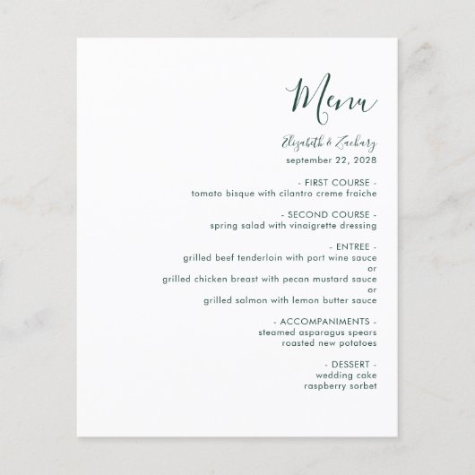 Budget Modern Emerald Green Script Trouwmenu (Voorkant)