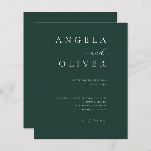 Budget Modern Emerald Green Wedding Invitation (Voorkant / Achterkant)