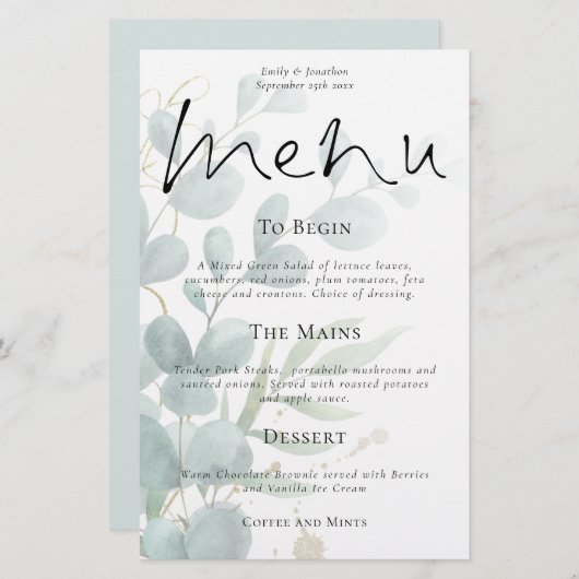 Budget modern Eucalyptus Script Wedding Menu (Voorkant / Achterkant)