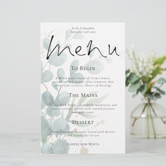 Budget modern Eucalyptus Script Wedding Menu (Staand voorkant)