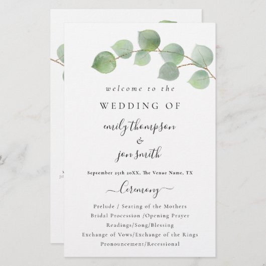 Budget modern Eucalyptus Script Wedding Program (Voorkant / Achterkant)