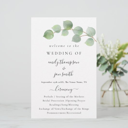 Budget modern Eucalyptus Script Wedding Program (Staand voorkant)