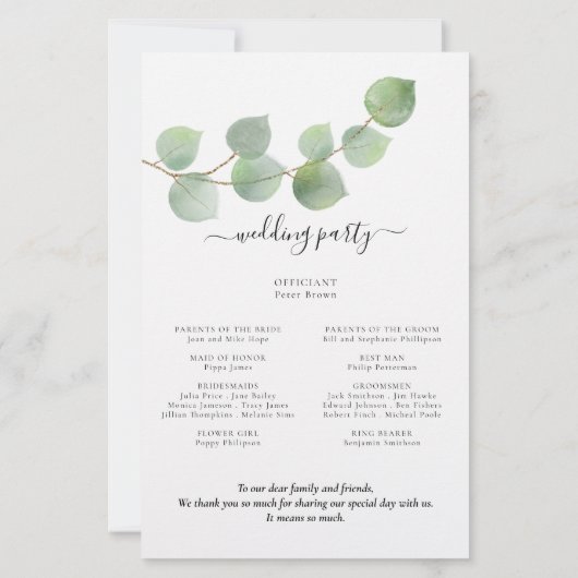 Budget modern Eucalyptus Script Wedding Program (Achterkant)