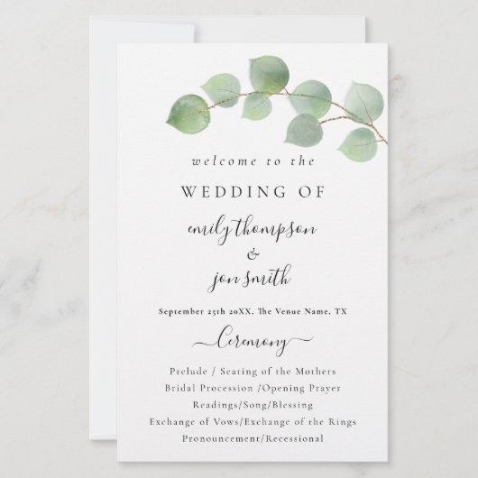 Budget modern Eucalyptus Script Wedding Program (Voorkant)