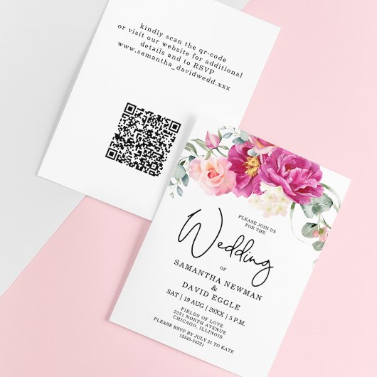 Budget Modern Fuchsia Roze Bloemen QR Code Huwelij