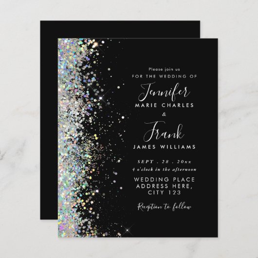 Budget Modern Glitter Zwart Bruiloft Uitnodiging (Voorkant / Achterkant)