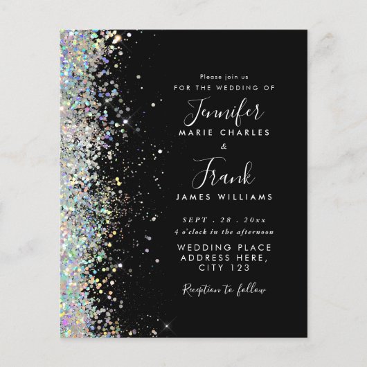 Budget Modern Glitter Zwart Bruiloft Uitnodiging (Voorkant)