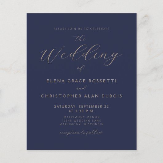Budget Modern Gold Script Navy Blue Wedding Invite (Voorkant)