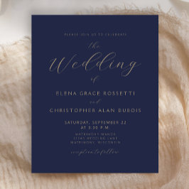 Budget Modern Gold Script Navy Blue Wedding Invite