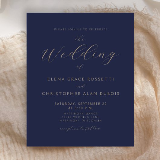Budget Modern Gold Script Navy Blue Wedding Invite