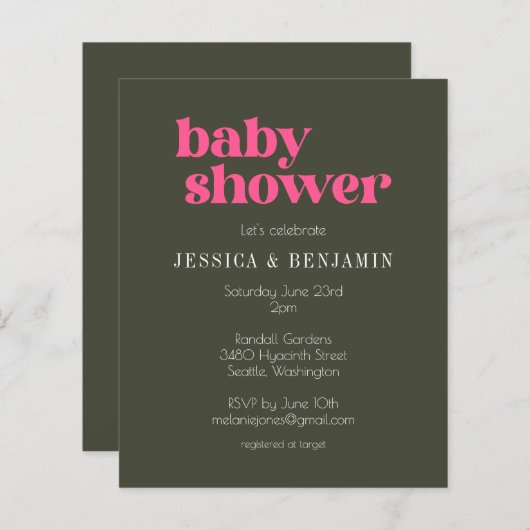 Budget Modern Groovy Roze Groen Baby shower Uitnod (Voorkant / Achterkant)
