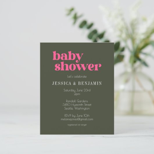 Budget Modern Groovy Roze Groen Baby shower Uitnod (Staand voorkant)