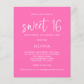 Budget Modern Hot Pink Sweet 16 Verjaardag Uitnodi (Voorkant)