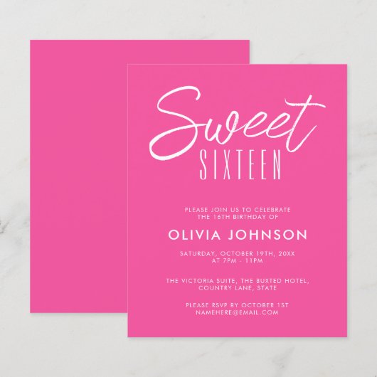 BUDGET Modern Hot Pink Sweet Zestien 16e verjaarda (Voorkant / Achterkant)