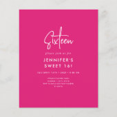 Budget Modern Hot Roze Foto Sweet 16 Invite (Voorkant)