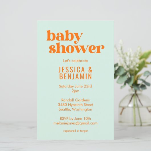 Budget Modern Kute Munt Oranje Baby shower Uitnodi (Staand voorkant)