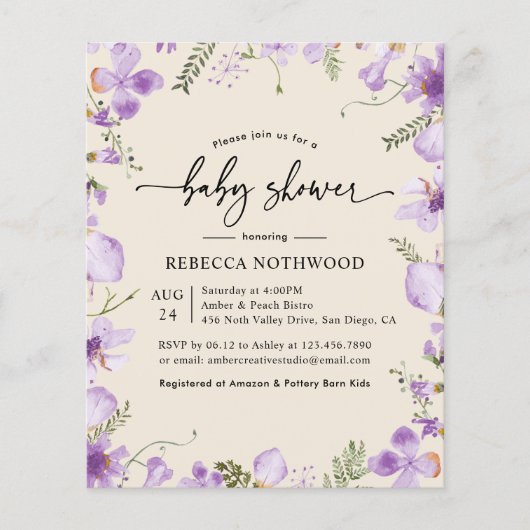 Budget Modern Lavender Baby shower Uitnodiging (Voorkant)