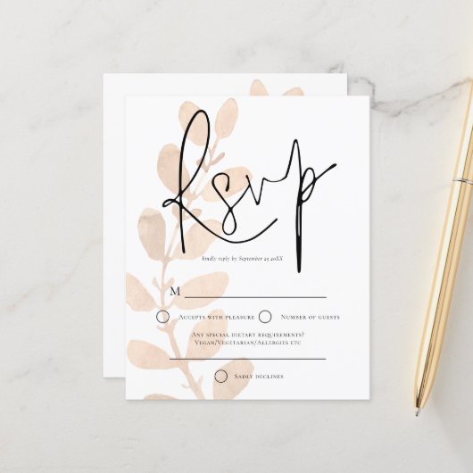 Budget Modern Leaves Script Wedding RSVP (Voorkant / Achterkant in situ)