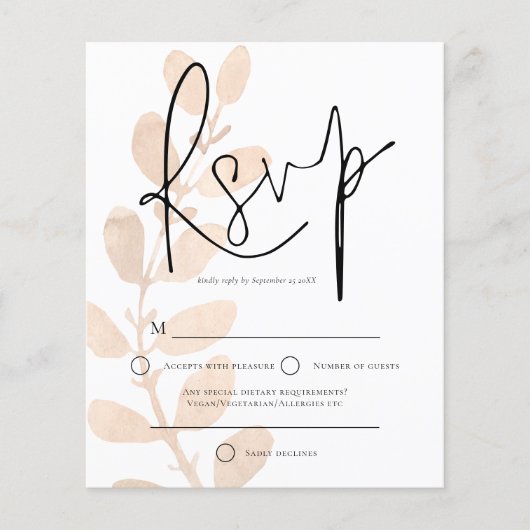 Budget Modern Leaves Script Wedding RSVP (Voorkant)