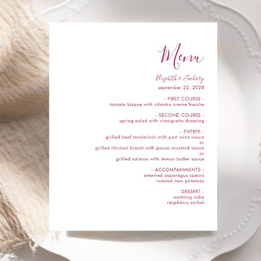 Budget Modern Magenta Script Trouwmenu