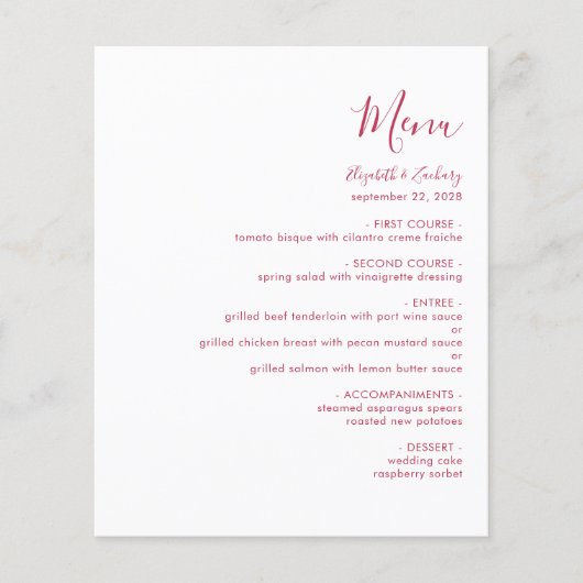 Budget Modern Magenta Script Wedding Menu (Voorkant)