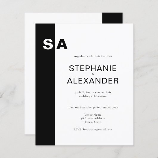 Budget Modern Monogram Black White Wedding Invite (Voorkant / Achterkant)
