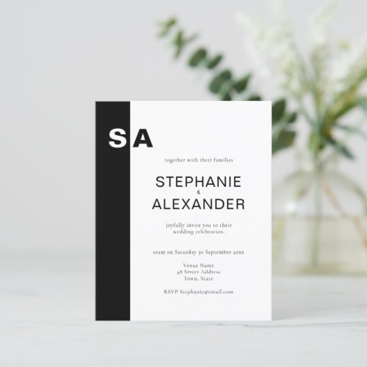 Budget Modern Monogram Black White Wedding Invite (Staand voorkant)