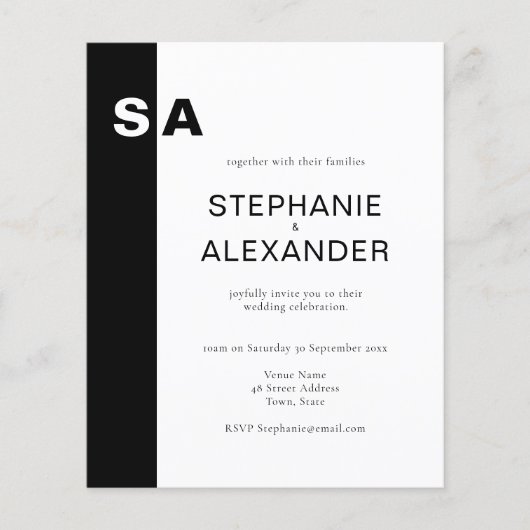 Budget Modern Monogram Black White Wedding Invite (Voorkant)