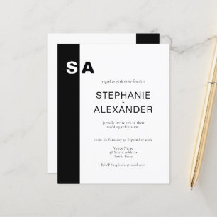 Budget Modern Monogram Black White Wedding Invite