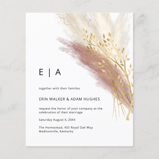 Budget Modern Monogram Boho Roze Goud Pampas Gras Flyer (Voorkant)