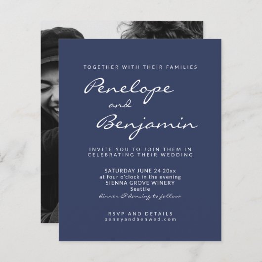 Budget Modern Navy Blue Photo Wedding Invitation (Voorkant / Achterkant)