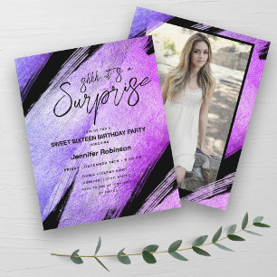 Budget Modern Paarse Surprise Sweet 16 Invites