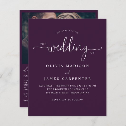 Budget Modern Paarse Violet Foto Bruiloft Uitnodig (Voorkant / Achterkant)