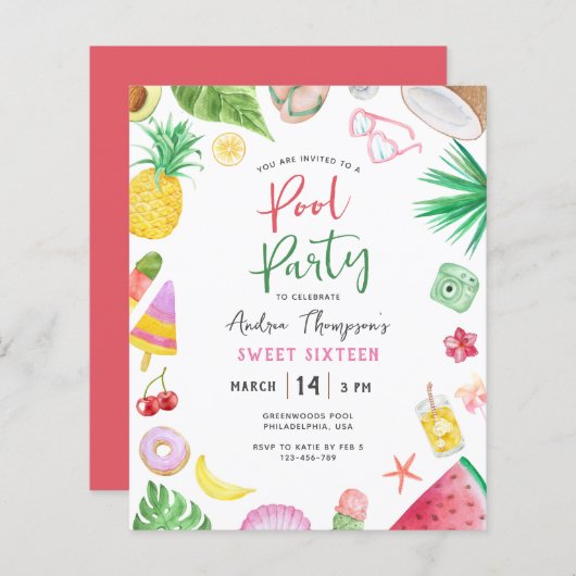 Budget Modern Pool Party Summer Sweet 16 Birthday (Voorkant / Achterkant)