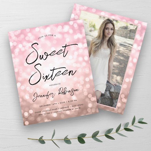 Budget Modern Roos Gouden Foto Sweet 16 Invite