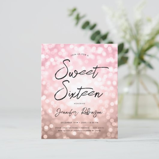 Budget Modern Roos Gouden Foto Sweet 16 Invite (Staand voorkant)