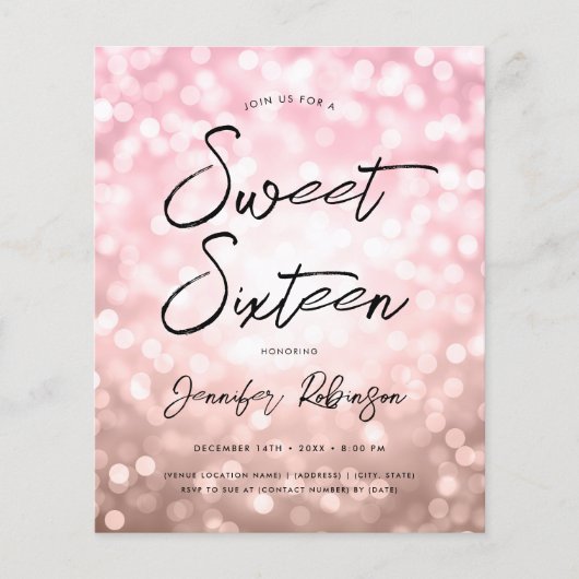 Budget Modern Roos Gouden Foto Sweet 16 Invite (Voorkant)