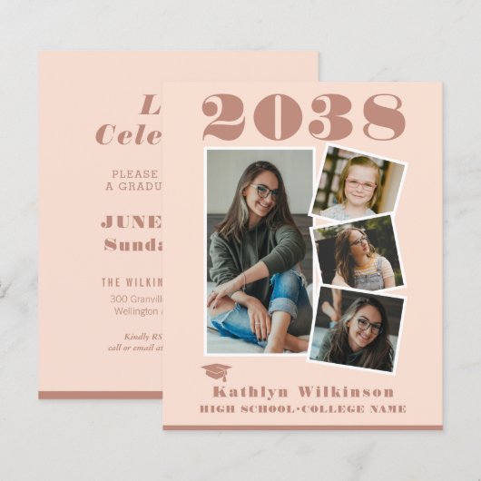 BUDGET Modern Roos Roze 4 Foto Eenvoudige uitnodig (Voorkant / Achterkant)