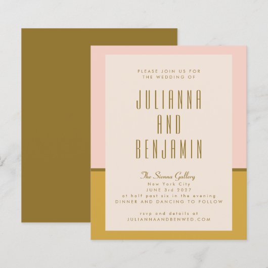 Budget Modern Roze Mosterard Wedding Invite (Voorkant / Achterkant)