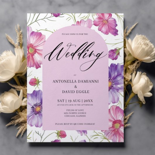 Budget Modern Roze Paarse Bloemen QR Code Huwelijk