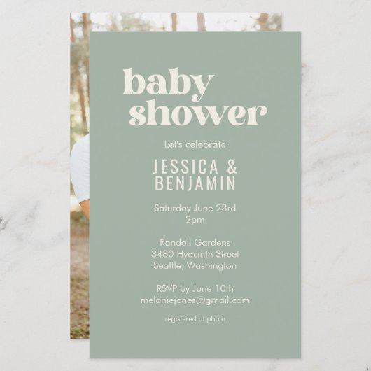 Budget Modern Sage Green Baby shower Foto uitnodig (Voorkant / Achterkant)