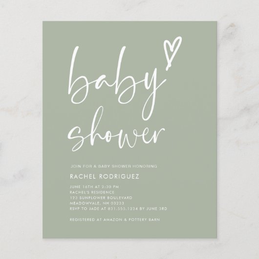 Budget Modern Sage Green Baby shower Invitation (Voorkant)