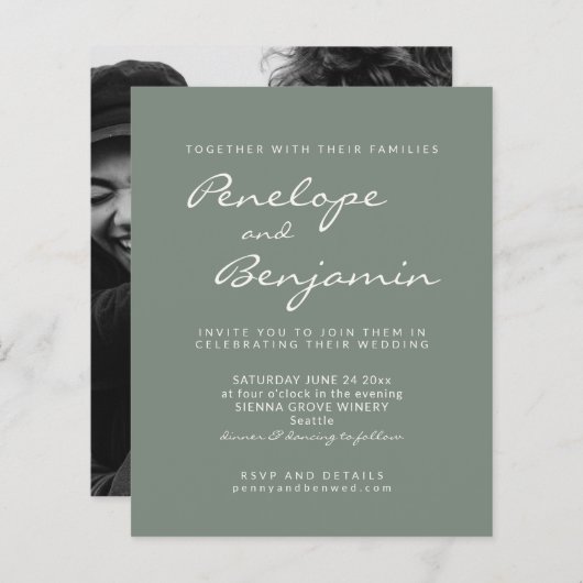Budget Modern Sage Green Photo Wedding Invite (Voorkant / Achterkant)