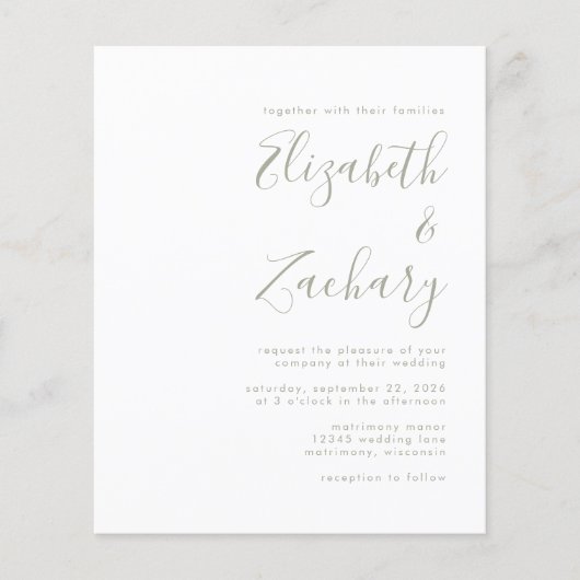 Budget Modern Sage Green Script Wedding Invitation (Voorkant)